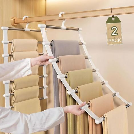 Lot de 2 cintres à pantalons peu encombrants En acier inoxydable 6 étages Peu encombrant Pliable Antidérapant Pour accrocher des pantalons, jeans, écharpes (1/5)