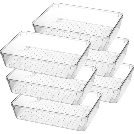 6 Pcs Kitchen Drawer Organiser Trays Clear Plastic Makeup Drawer Organiser for Cutlery, Kitchen, Cosmetics, Makeup, Utensils, Vanity, Office, Stationery (1/4)