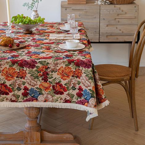 Nappe jacquard florale vintage avec pompons, 140x240 cm, Rectangulaire