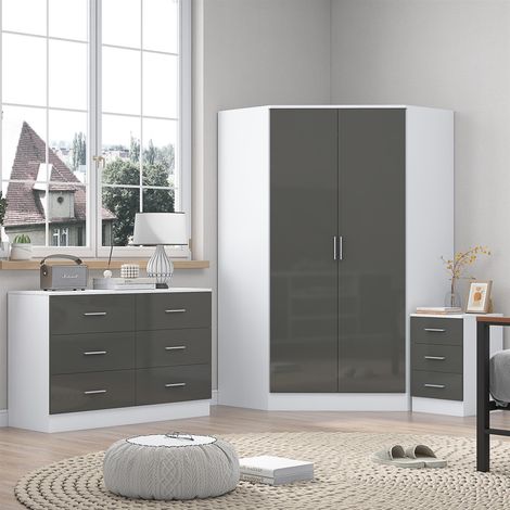 Reflect 2 Door Corner Wardrobe, 6 Drawer Chest, 3 Drawer Bedside - Grey Gloss & Matt White - Bedroom Furniture Set (1/5)