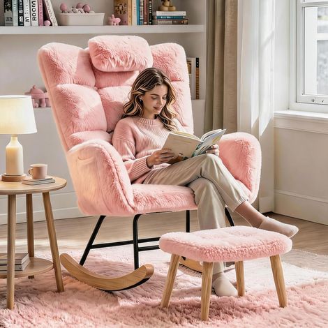 IDEALHOUSE Fauteuil à bascule ergonomique à dossier haut avec repose-pieds, rembourré, structure acier et pieds bois - Light pink (1/5)