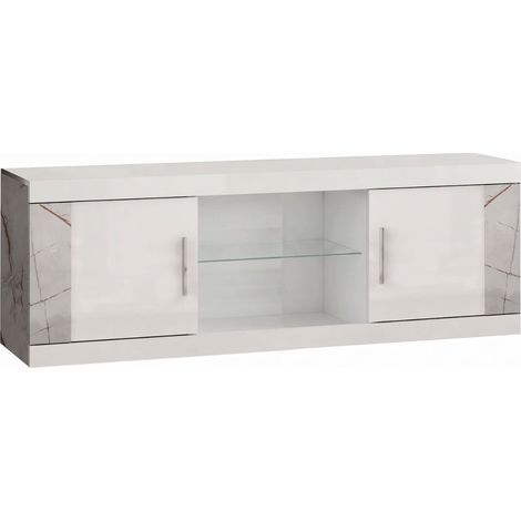 Meuble TV 2 portes 2 niches blanc et aspect marbre gris-brun - NERVY (1/4)