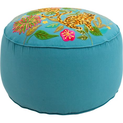 Runder Pouf aus Baumwolle türkis mit Dschungel-Motiv 62 cm