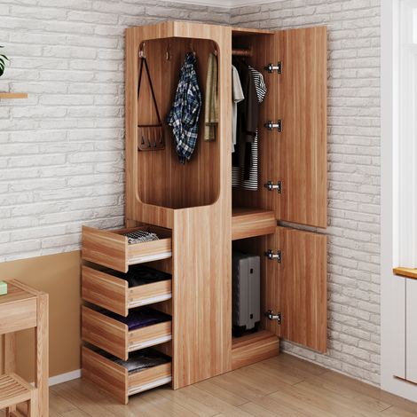 Armadio 70x40x170 cm, con 4 cassetti, vano appendiabiti aperto, a un'anta, in legno, colore legno naturale (1/5)