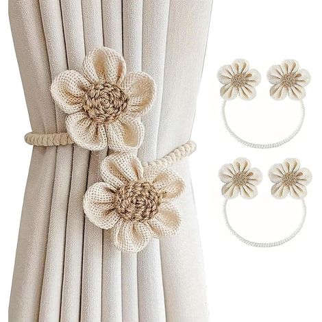 2 Pièces Embrasses de Rideaux, Fleurs Embrasse, Fabriqués à la Main Attaches de Rideaux, Attaches Rideau Bohème, Curtain Holdbacks No Drill, pour Décoration de Maison Bureau, Beige (1/5)