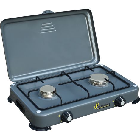 Réchaud à gaz portable 2 feux 3200W Brûleurs Inox - Plaque de cuisson gaz Butane ou Propane Design Gris INTEC (1/5)