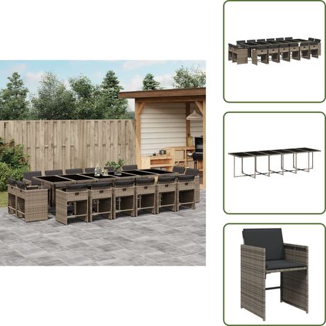 17-tlg. Garten-Essgruppe mit Kissen Grau Poly Rattan - Gartentisch - Esstisch - Gartenmöbel Set - Outdoor Möbel - Terrassenmöbel