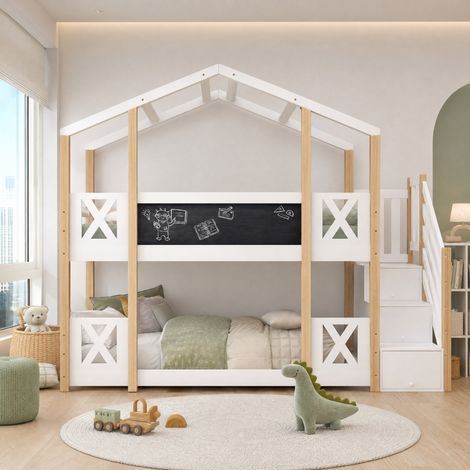 CHICFURN Letto a soppalco per bambini 90x200 cm bianco/naturale con scala contenitore (1/5)