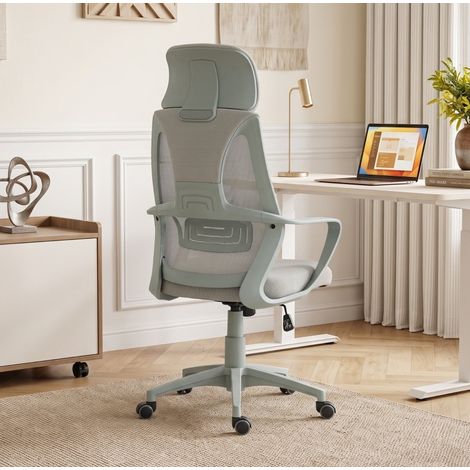 Sedia da ufficio 64x55x126 cm in poliestere grigio, reclinabile, design moderno (1/5)