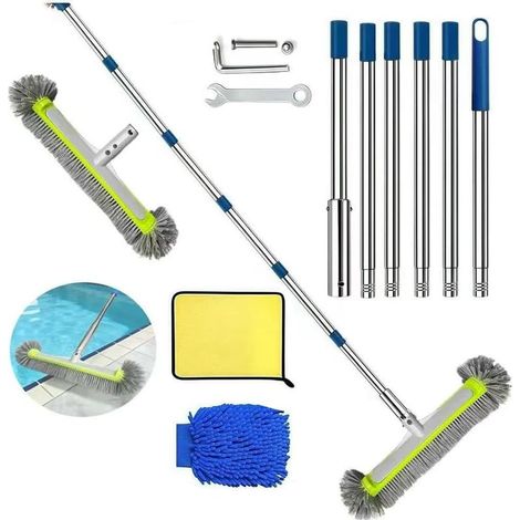 Brosse de Piscine avec Tige Télescopique de 230 cm de Long, Brosse de Nettoyage pour Piscine de 45 cm, Balai de Piscine Extrémités Rondes avec Tige en Acier Inoxydable Réglable en Longueur (1/5)