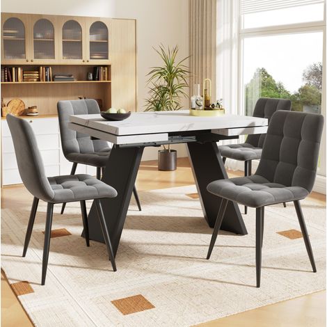 Ensemble de salle à manger extensible MDF et métal blanc/noir, table 99-159x74x77 cm avec 4 chaises en velours (1/5)