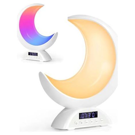 Réveil Lumineux Lune, Lampe de Réveil avec Haut-parleur Bluetooth, Lampe de Chevet Tactile, Veilleuse Enfant (1/5)