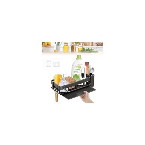 Étagère de rangement de cuisine - Étagère suspendue (lot de 1) - Panier de rangement sans perçage pour évier, crochets adhésifs, porte-baguettes, égouttoir noir (1/5)