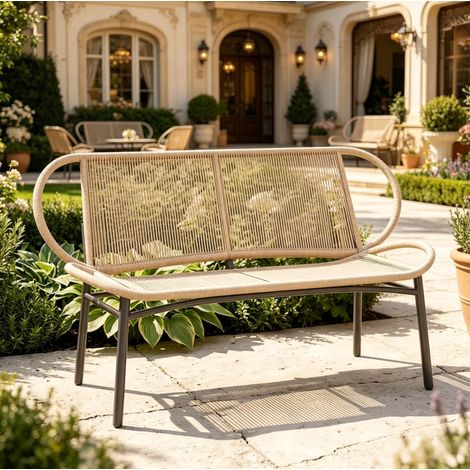Banc d'extérieur tressé en PE avec accoudoirs noués, 2 places, cadre métal noir, 138x62x83 cm (1/5)