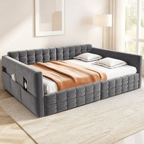 Lit 140x190 capitonné en velours gris avec 2 tiroirs et poches de rangement OKMYHOME (1/5)