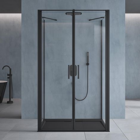 doporro Box Doccia a 3 Lati 75x90x75cm Piatto Doccia Incluso, Cabina Doccia con Doppia Porta Battente e 2 Pareti Laterali in Vetro Temperato Trasparente Profilo Nero Alluminio Ravenna66UK
