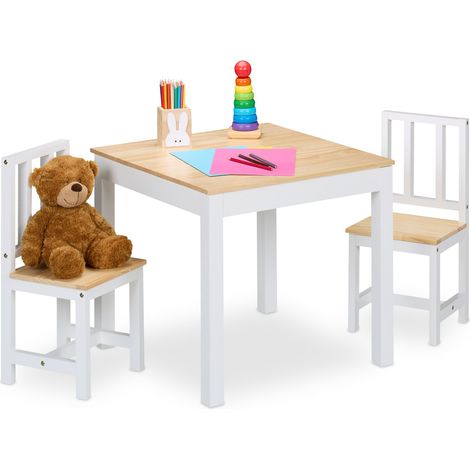 Relaxdays Tavolino da Bambini con Sedie per Cameretta, Piccolo Tavolo da Gioco 2 Seggiole, Legno e MDF, Naturale Bianco
