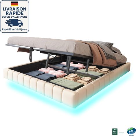 MODFU - Lit coffre adulte 180×200cm, hydraulique, avec LED, sommier à lattes tapissé, sans tête de lit, sans matelas, lin, beige (1/5)