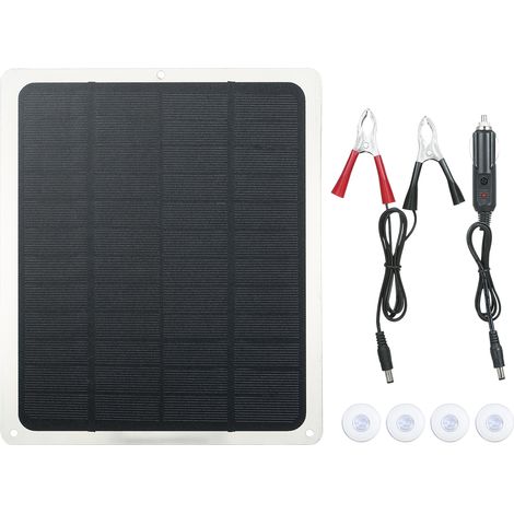 Kit de panel solar de 15 W CC (12 V/5 V) con dos puertos USB y uno tipo C, pinza de cocodrilo y cargador para coche resistente al agua (IP65) para uso en interiores y exteriores. Portátil. (1/5)
