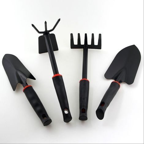 4 de tailles différentes en acier carbone noir Râteau portable + accessoires jardin robustes - Idéal entretien extérieur (1/5)