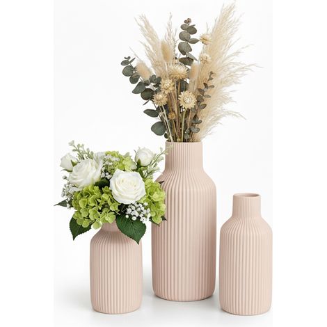 Relaxdays Lot de 3 vases, 3 tailles, pour fleurs fraîches & séchées, céramique déco table, beige (1/5)