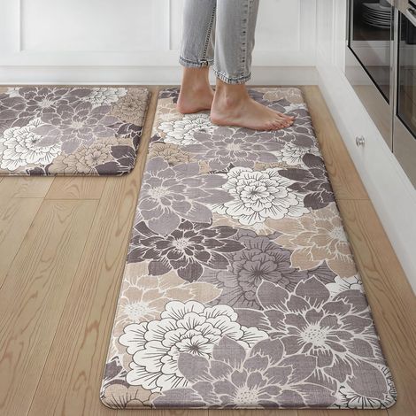 Kitchen floor mat, absorbent and non-slip PVC mat, oil-resistant, washable, long strip mat for winter entryway - Blooming Flowers - Khaki - 441501.0cm