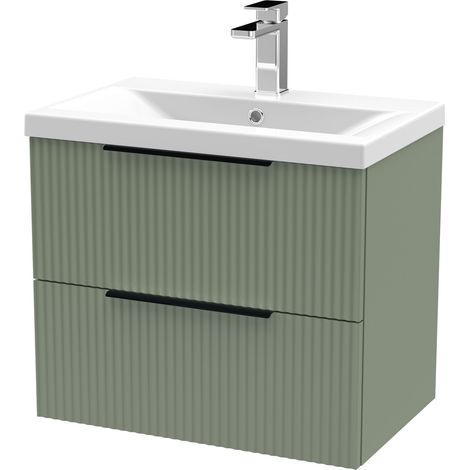 Fluted Front Wall Hung 2-Drawer Bathroom Vanity Unit with 1 Tap Hole Basin, 600mm, Satin Green, Black Handles