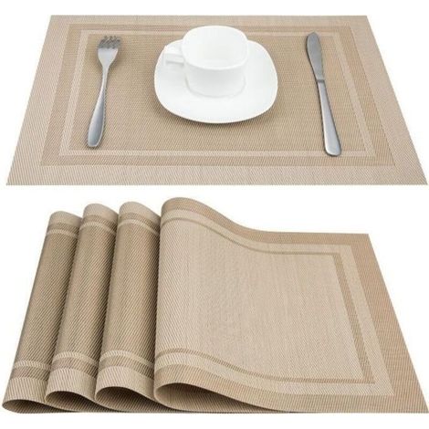 Sets de Table PVC Antidérapant Lavable Résiste à la Chaleur Rectangulaire Vinyle Set de Table , 45 x 30 CM Lot de 6 (Beige)