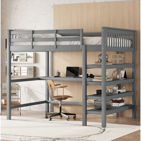 Bett Hochbett Schreibtisch 140x200 Kiefer Grau OKMYHOME (1/5)