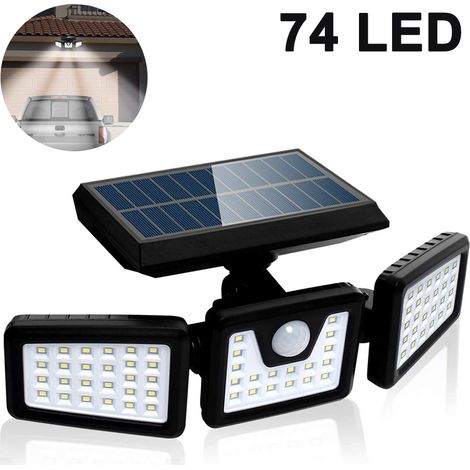 Projecteur Solaire - 3 Têtes - Capteur De Mouvement - 74 LED - IP65 - Pour Extérieur Jardin Terrasse Porche Garage - 1 Pièce (1/5)