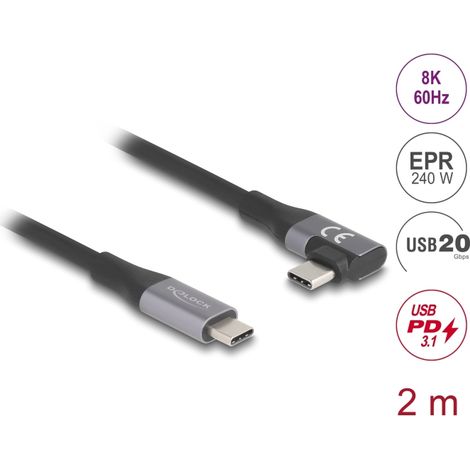 Delock Cable USB 20 Gbps, sesgado hacia la izquierda y hacia la derecha, USB PD 3.1 Extended Power Range 240 W 2 m
