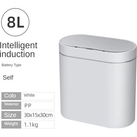Poubelle automatique à capteur intelligent (blanche, 8 L, alimentée par piles), étanche, idéale pour la cuisine et la salle de bain. (1/5)