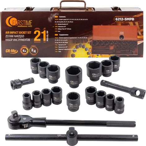 Juego de 21 llaves de impacto de 3/4'' con 6 puntas y diámetros de 17 a 50 mm. (1/4)