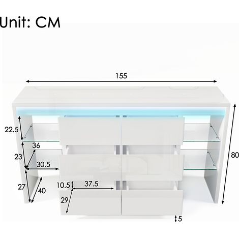 Cómoda blanca de alto brillo, aparador con iluminación LED inteligente y control por aplicación, aparador de madera con 6 cajones y 4 estantes de cristal, mueble moderno multiusos para salón, 155x40x8 (1/5)