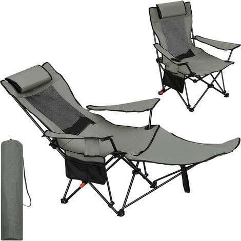 WOLTU Chaise Pliante Camping avec Porte-gobelet, Dossier Réglable, Repose-Pieds Amovible, Poche, Appui-tête Enroulable, Gris (1/5)