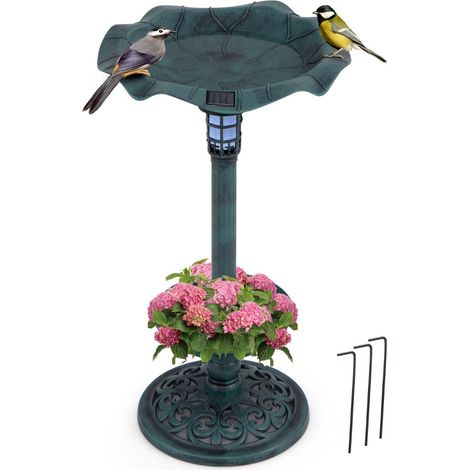 Bain d'oiseaux solaire extérieur 43 x 43 x 76 cm avec lampe LED ambiance sereine style vintage en pp vert
