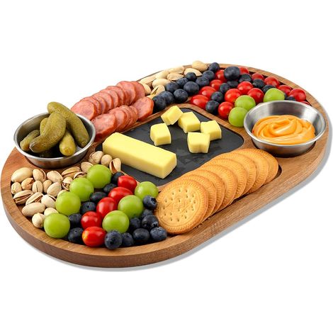 Plateau de service en bois d'acacia avec plateau en ardoise 36 x 24 cm, planche de service en bois avec 2 bols à sauce, assiette à steak, assiette à apéritif, assiette à collation avec (1/5)