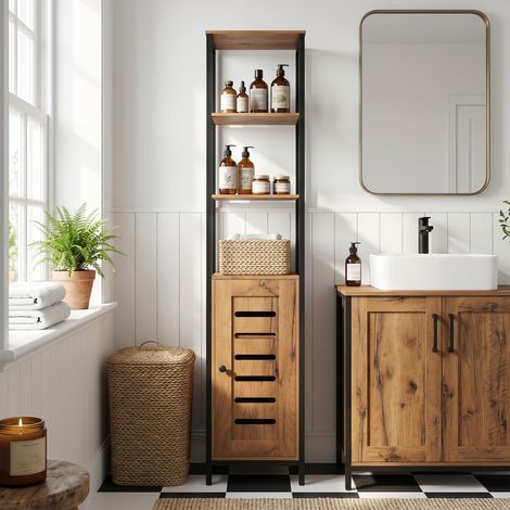 Meuble colonne de salle de bain industriel 3 étagères ouvertes porte à lamelles étagères réglables marron rustique (1/5)