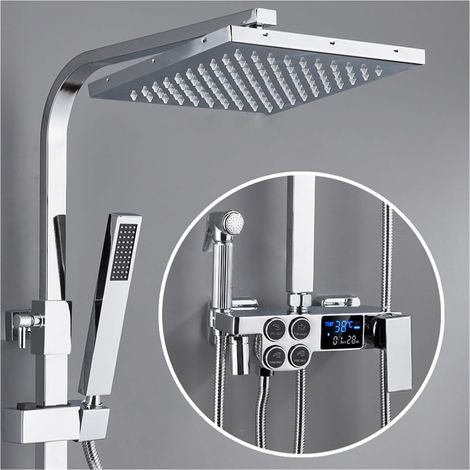 Ensemble de douche mitigeur thermostatique intelli Ensemble de douche numérique chaud et froid robinet système de douche de salle de bains robinet de douche en or noir pommeau de douche carré système (1/5)