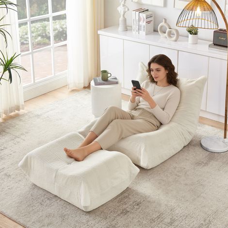 Canapé Lounge avec Dossier et Pouf, Fauteuil Relax, Coussin Géant en Fausse Fourrure Douce, Siège de Sol Confortable pour Salon, Chambre, Bureau, Appartement, Beige (1/5)