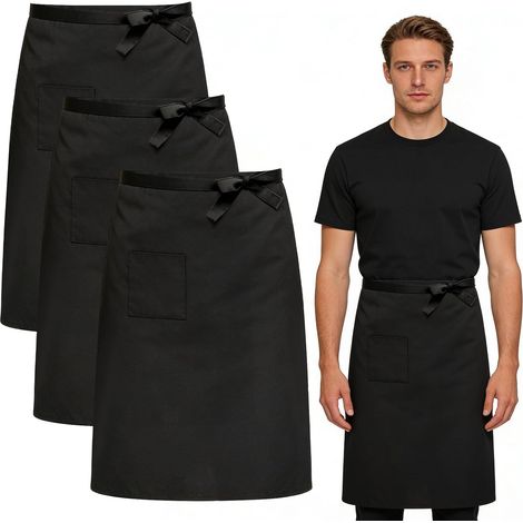 Tablier Avec Poche, 3 Pièces 68x70 cm Tablier de Serveur Réglable Long, Tablier de Cuisine Demi-Travail Tablier de Service Tablier Taille Noir pour Cuisine Restaurant Bistro Fleuriste Café (1/5)