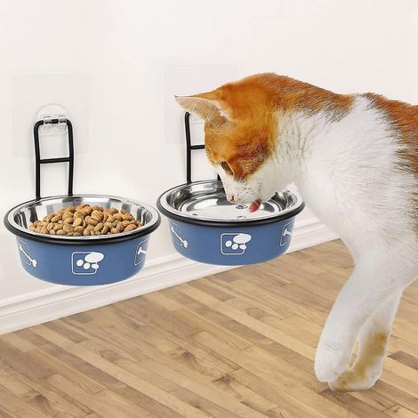 (2 pièces - Bleu) Gamelle surélevée pour chat, plateau mural pour nourriture et eau, gamelle surélevée en acier inoxydable avec support, antidérapante (1/5)