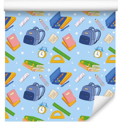 Papel pintado "Vuelta al cole" en azul celeste y azul para salón y dormitorio, 50x1000 cm. (1/5)