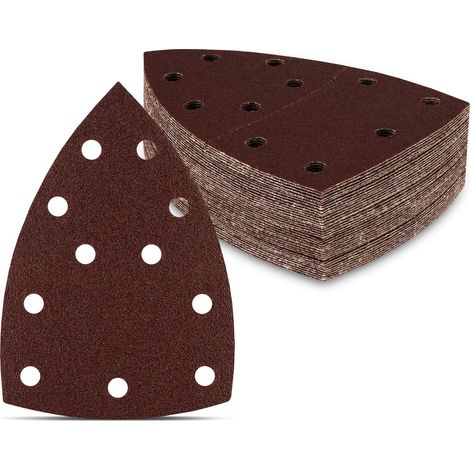 Lot de 100 triangles abrasifs - 11 trous - 105 x 152 mm - Grain 40 - Pour ponceuse multifonction - Feuilles abrasives - Patins abrasifs triangulaires - Papier abrasif (1/5)