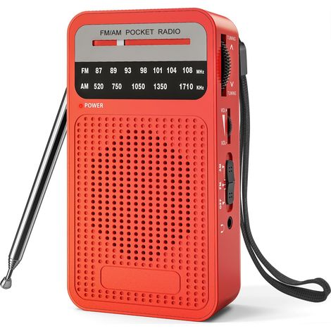 Radio portable AM FM avec réception longue portée, radio transistor avec haut-parleur, prise casque, rouge (1/5)