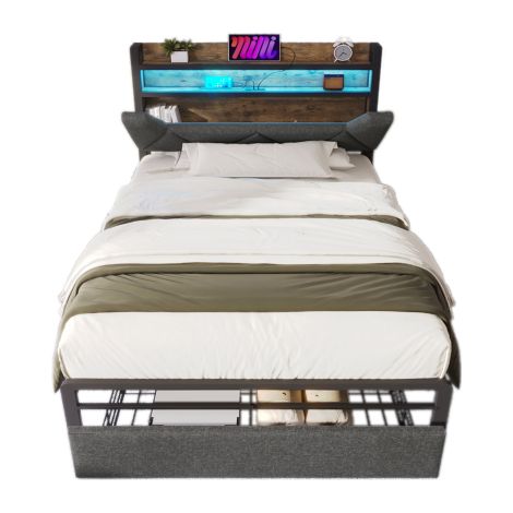 Polsterbett mit USB Typ C Ladefunktion Stauraum-Kopfteil und LED-Beleuchtung und Schubladen, Einzelbett Stauraumbetten Bettgestell mit Lattenrost aus Metallrahmen(Ohne Matratze)