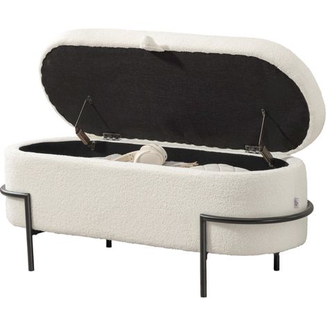 Tabouret de rangement, pouf avec couvercle et espace de rangement, pieds en acier, tabouret rembourré avec revêtement en polaire, blanc crème (1/4)