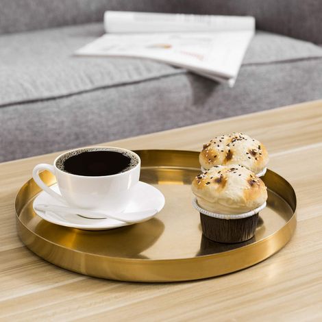 Plateau De Service Ronde - Laiton Brossé - 28 Cm - Pour Table Basse Ou Coiffeuse - 1 Pièce (1/5)