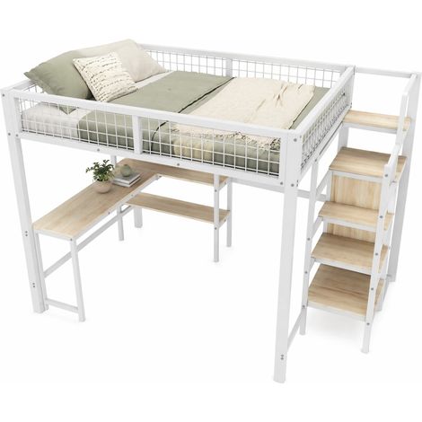 Lit mezzanine 140x200 cm avec bureau intégré, étagères et armoire, structure métal et MDF, sans matelas, gain de place pour chambre ado, blanc CHICFURN (1/5)