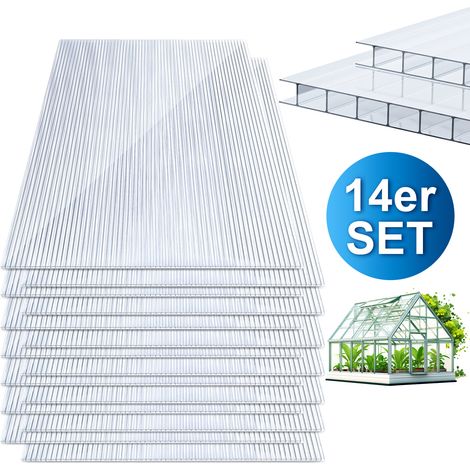 TolleTour 14 plaques alvéolaires en polycarbonate 4 mm transparentes, 60,5 x 121 cm, 10,25 m², protection UV pour serre et carport (1/5)